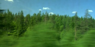 View of passing landscape from a train window.