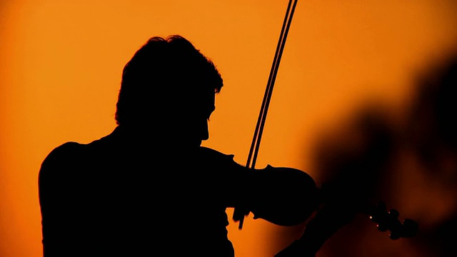 一个小提琴家在日落时的剪影