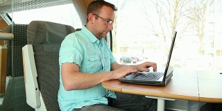 在火车上使用笔记本电脑的人