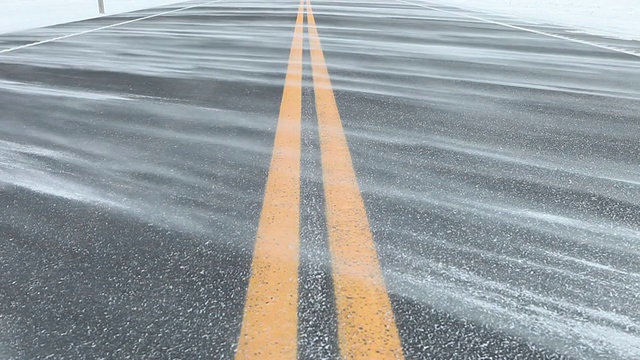 Snow Blowing Across a Winter Two Lane Road