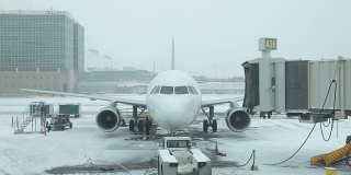 延时拍摄下雪的机场登机口和喷气式飞机