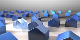 3D蓝色住宅概念与单一的玻璃房子
