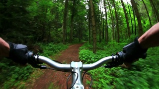 高清山地自行车穿过绿色森林视频素材模板下载