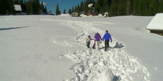 HD CRANE:在雪中行走的家庭