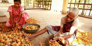 年长和年轻的印度农村妇女剥槟榔