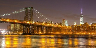 高清时间推移:晚上的威廉斯堡桥，纽约布鲁克林