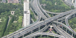 现代化的天际线、城市景观和上海的交通。