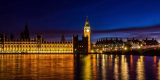 伦敦城的大本钟和议会大厦从白天到晚上的延时HD 1080
