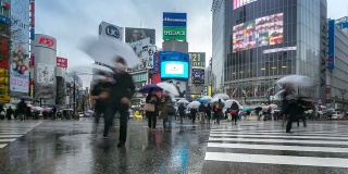 高清延时:涉谷十字路口下着雨的行人