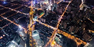 上海夜景全景照明，高角度视角，时间流逝。