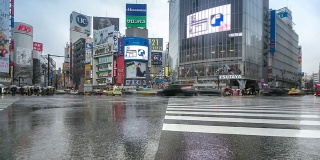 高清延时:涉谷十字路口下着雨的行人