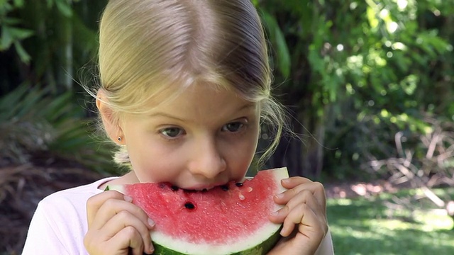 微笑的小女孩吃红色的西瓜水果在户外