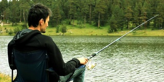 孤独的人在湖边钓鱼