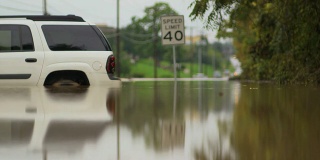 后端白色汽车被洪水困住