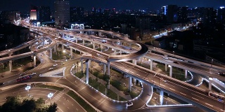 成都夜间高架路上的天际线和繁忙的交通，实时显示。