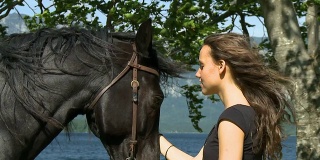 高清慢镜头:年轻女子抚摸着马