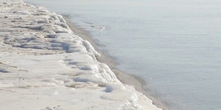 海岸线上的土地覆盖着白雪和海浪