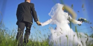 HD超级慢动作:在草地上奔跑的新婚夫妇