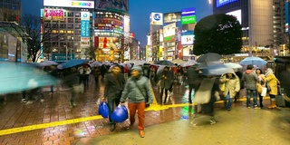 高清延时:涉谷站黄昏下着雨的行人