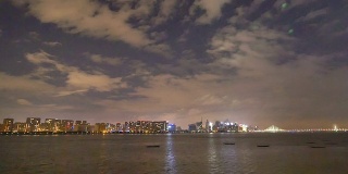 夜深人静，杭州江边的天际线和现代建筑，时光流逝。