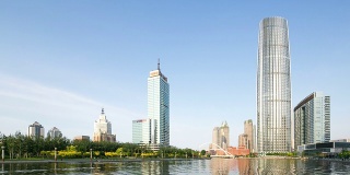 天际线和天津河边的现代建筑，时光流逝。