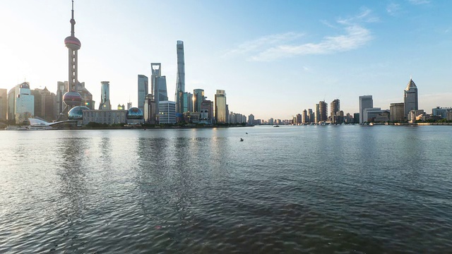 busy ships on river and panoramic cityscape of  shanghai at sunset,time lapse.