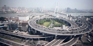 上海高架桥上的天际线和繁忙的交通，实时显示。