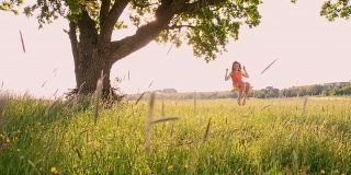 SLO MO女孩在草地的树上荡秋千