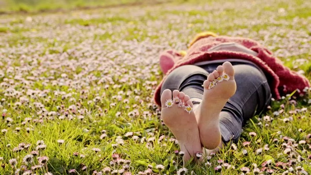 一个躺在雏菊丛中的女人