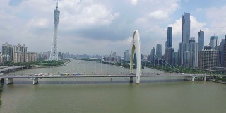 广州现代建筑鸟瞰图和城市景观，实时。