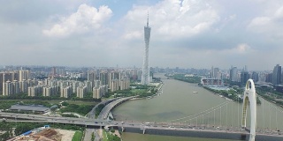 广州现代建筑鸟瞰图和城市景观，实时。