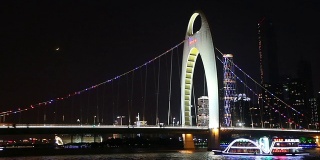 夜间，广州河上大桥的交通和天际线，实时。