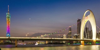 广州河桥上的交通和天际线，日以继夜，时光流逝。