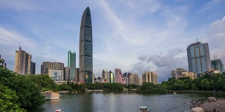 深圳的现代建筑外观和池塘，时光流逝。