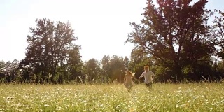 SLO MO DS夫妇牵着手跑过高草地