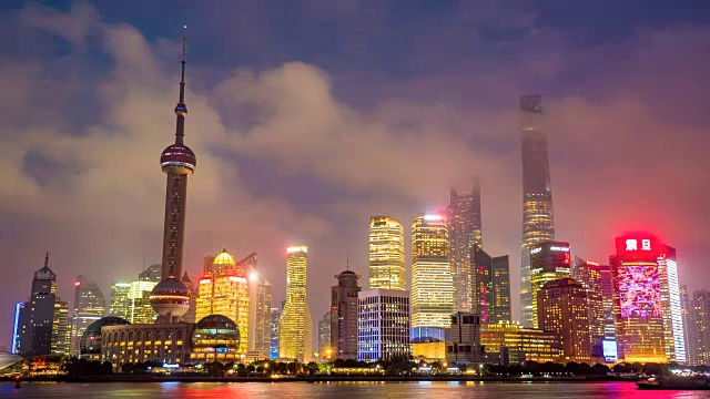 上海，中国城市的天际线在浦东区的黄浦江上