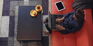 HD CRANE:亚洲女性在客厅使用笔记本电脑