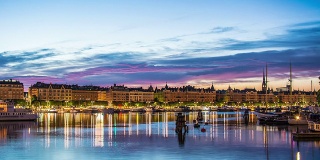 高清时间流逝:斯德哥尔摩城市码头在黄昏