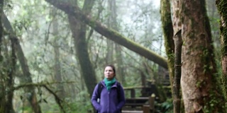 徒步旅行的年轻女子徒步旅行和饮用水在雨林，4K (UHD)