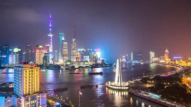 上海夜景和天际线。间隔拍摄4 k