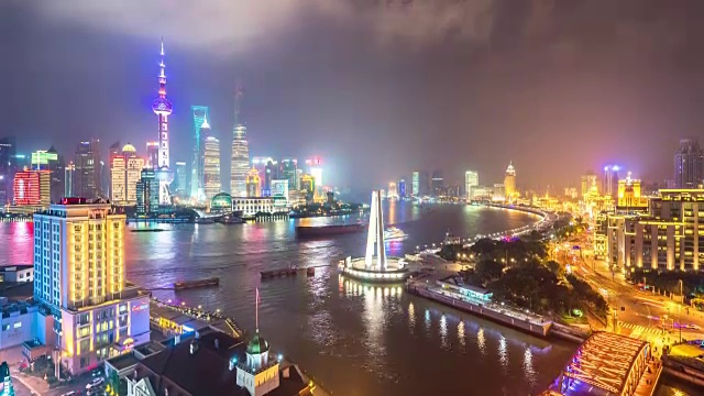 上海夜景和天际线。间隔拍摄4 k