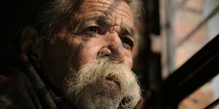 一个留着大胡子的老人透过窗户看向别处。
