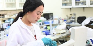 年轻的亚洲女科学家在实验室里用吸管工作