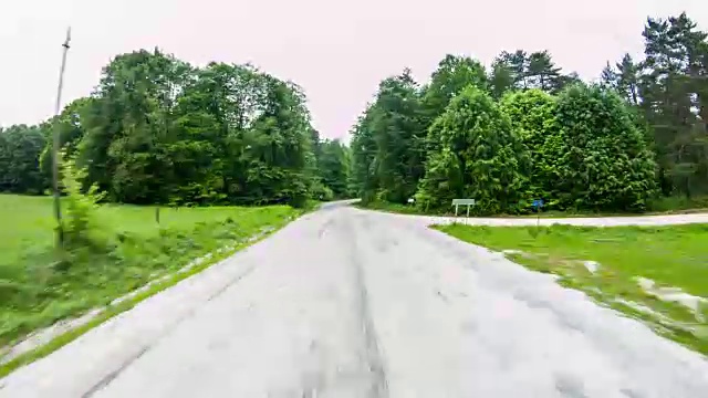 POV汽车在绿色森林的道路上行驶