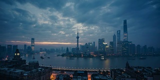 时光流逝的现代上海城市景观和天际线