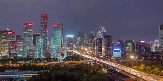 时间推移-鸟瞰图北京天际线在晚上，北京CBD