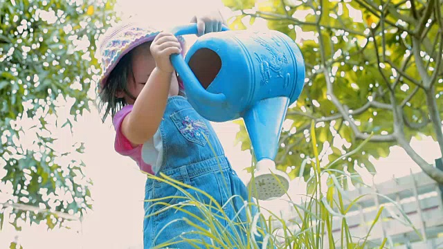 小女孩在花园里给植物浇水\理念:关爱自然