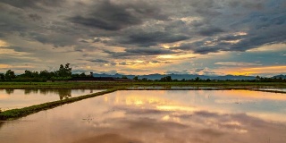 云日出和水的倒影在稻田里夜晚到日出时间。