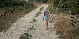 一个小女孩走在尘土飞扬的乡间小路上。真实的人，乡村景色，不寻常的角度。