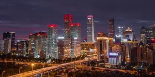 T/L MS HA PAN北京CBD地区黎明，黑夜到白天的过渡鸟瞰图